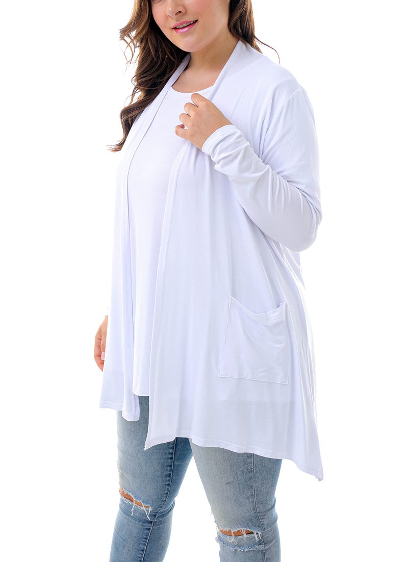 ZERDOCEAN Women's Plus Size Long Sleeve Lightweight Soft Printed Drape Cardigan with Pockets White 3X - Image 3
